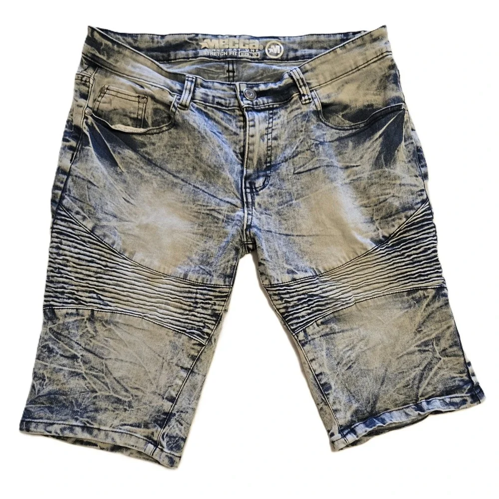 MBECCA Men's Denim Biker Shorts‎ Acid Wash Blue Moto Stretch Fit 32